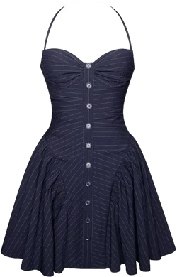 Miss Circle Women's Melody Navy Blue Pinstripe Halter Drop Waist Mini Dress