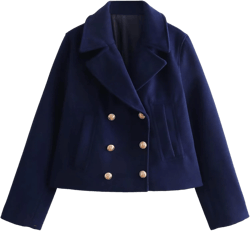 Perbai Women's Cropped Trench Coat Double Breasted Notched Lapel Peacoats Wool Blend Jacket with Pockets Navy Small