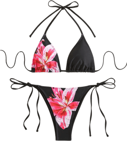 SEGT Women's 2 Piece Floral Print Halter Neck Tie Bikini Set Triangle String Thong Swimsuit Summer Bathing Suits for Women Small Black