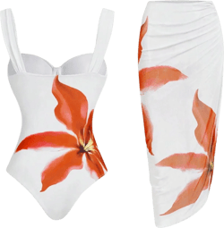 Women's Vintage Floral Printed One Piece Bathing Suits Push Up Swimsuit with Coverups Wrap Skirt 2 Piece Swimwear 01 Orange Large