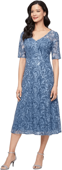 Women's Short-Sleeve Stretch Tulle Midi Dress