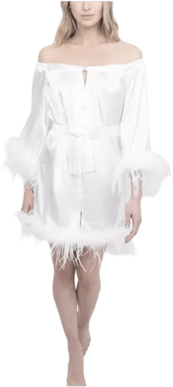 Women's Bridal Off-The-Shoulder Hair and Makeup Robe Feather Trim On The Sleeve and Hem