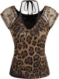 V-neck Leopard Halter Short Sleeve Tee