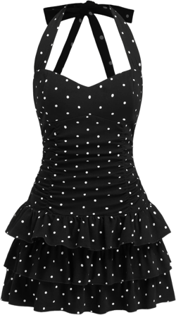 Cotton-blend Halter Neckline Polka Dot Ruched Layered Mini Dress