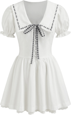 Cotton Peter Pan Collar Puff Sleeve Knotted Contrasting Binding Mini Dress