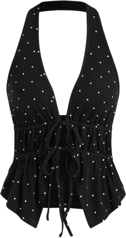 Cotton-blend Halter Neckline Polka Dot Tie Front Cami Top