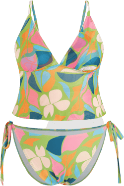 V-neck Abstract Tankini Tie Side Bikini Set Curve & Plus