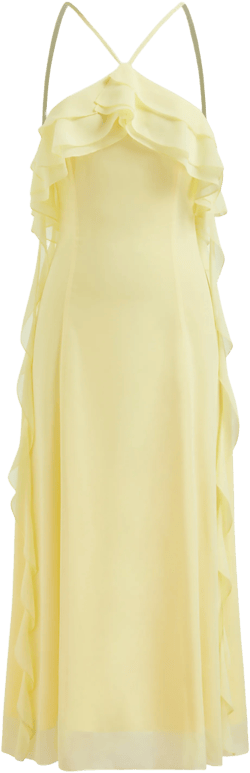 Chiffon V-neck Rosette Ruffle Hem Criss Cross Cami Maxi Dress
