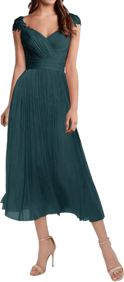 Women Elegant Cap Sleeve Lace Empire Waist Tea Length Bridesmaid Dresses Formal Evening Dresses 22 Plus Dark Teal