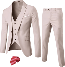 YND Men's Slim Fit 3 Piece Suit, One Button Solid Jacket Vest Pants Set with Tie Beige Large