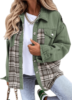SHEWIN Women's Oversized Denim Jacket Casual Long Sleeve Button Down Plaid Shacket Boyfriend Jean Jacket With Pockets Medium Green