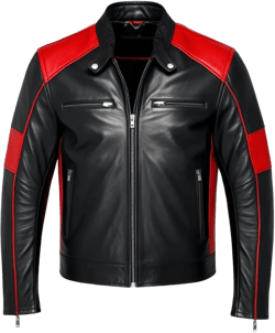 Men’s Leather Biker Jacket Shirt Collar Zip Pockets & Cuffs Panel Back 100% Sheepskin Hand Crafted Black & Red Standard Large Red & Black