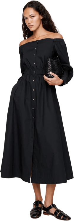 Cotton Poplin Off-the-Shoulder Long Midi Shirt Dress