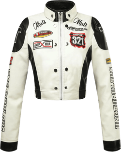 Women's Embroidered PU Leather Motorcycle Jacket, Stand-Up Collar, Cropped Style, Spring to Fall Medium White
