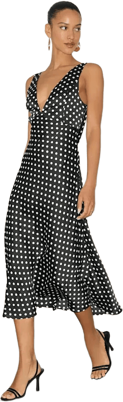 Incredible Love Black Polka Dot Satin Cowl Back Midi Slip Dress