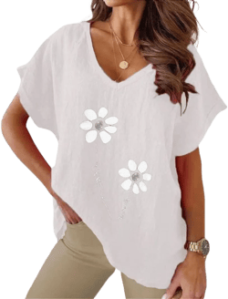 Women's Summer Cotton Linen Boho Floral Short Sleeve Tunic Top Comfy Casual Loose V Neck Blouse Shirts Plus Size White Large