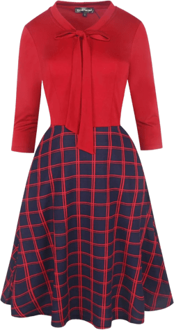 oxiuly Women's Vintage Bow Tie V-Neck Pockets Casual Work Party Cocktail Swing A-line Dresses OX278 (S, Red-Redplaid7)
