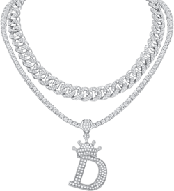 Honsny A-Z Crown Initial Necklace for Men Women 18K Gold Plated Miami Cuban Link Chain Layered Bling Diamond Iced Out Chain Pendant Necklace Hip Hop Jewelry Gift 2PCS Chains