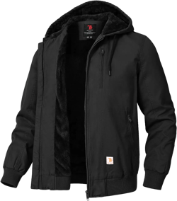 TBMPOY Men's Winter Jackets Hooded Work Cotton FLeece Lined Duck Coats Flannel Active Workwear Coat Large Black
