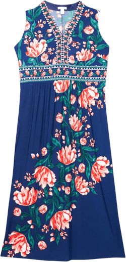 London Times Sleeveless V-Neck Maxi Casual Dresses for Women 22 Plus Navy/Hot Coral
