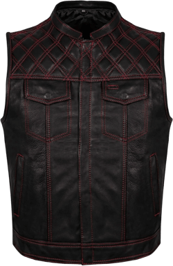 Men's SOA Club Style Leather Diamond Quilted Stitch Harvester Stich Hunt Club Vest Biker Vest Motorcycle Waistcoat XX-Large Black Leather Red Thread