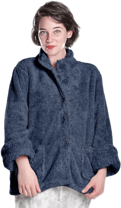 LA CERA Women's Fleece Bed Jacket - 100% Polyester, Collared Button Front, Long Sleeves, Front Pockets, Solid Pattern Large Denim