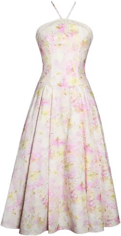Miss Circle Women's Zaina Yellow Pink Floral Print Lace Trim Linen Midi Dress