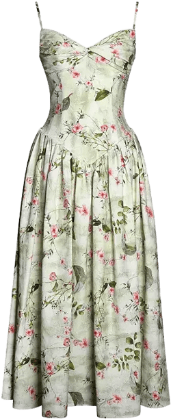 Women's Jacinda Green Floral Print Ruched Breast Linen Midi Dress