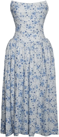 Women's Paloma Blue Print Linen Corset Draping Top Midi Dress