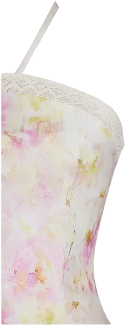 Women's Zaina Yellow Pink Floral Print Lace Trim Linen Midi Dress