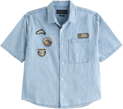Short-Sleeve Cropped Graphic Denim Button-Up Shirt