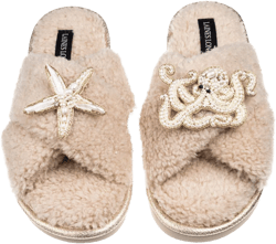 Women's Brown / Neutrals Laines Neutral Boucle Slippers With Pearl Starfish & Octopus Brooches - Oat