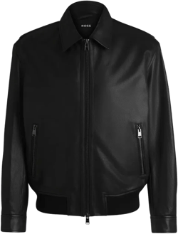 Structured Black Leather Bomber Jacket With Ribbed Cuffs In Multi