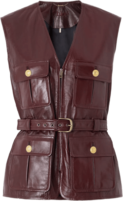 Leather Belted Waist Sleeveless Jacket In Burgundy