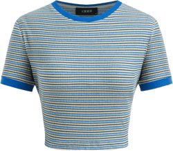 Cotton-blend Round Neckline Striped Contrasting Binding Crop Short Sleeve Tee