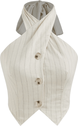 Linen-blend Halter Striped Criss Cross Shirred Crop Vest