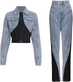 Women Hit Color Patchwork Denim Two Piece Sets Long Sleeve Coat Jacket High Waist Pencil Pants Jeans