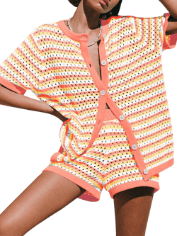 Saodimallsu Womens Crochet Swimsuit Coverup Summer Beach Sets Striped Knit Short Sleeve Button Shirts 2 Piece Short Set