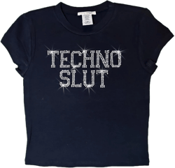 Techno Slut Rhinestone Cropped Crop Top | Rave T-Shirt | Sparkly Festival Wear | Unique Glitter Shirt