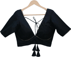 Raw Silk Blouse, Designer Black saree Top, Padded Half Sleeves, Custom Fashion for Women, Elegant Readymade Style