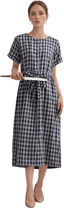 Summer Plaid Dress Natural Cotton  Organic Short sleeve Dress Midi Dresses Soft Homewear Sleepwear Customized Dress Plus Size Clothing