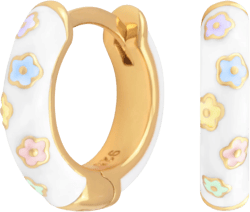 Full Pair Gold Plated Sterling Silver Colored Print on White Enamel Women&#39;s Huggie Hoop Earrings, Mix + Match Heart Stripe Flower Mini Hoops