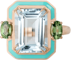 14k Solid Gold Art Deco Aquamarine & Green Sapphire Ring, Gemstone Cocktail Ring, Silver Statement Jewelry, March Birthstone, Gift for Mom