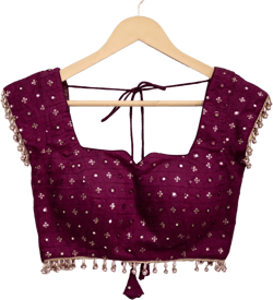 Mirror Work Purple Silk Blouse – Sweetheart Neck Designer Choli with Beaded Tassel Hem, Back Tie Closure, Indian Party & Wedding Blouse