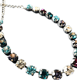 Swarovski Crystals in choice of Necklace, bracelet or earrings featuring aquamarine, amethyst, indioclinite, crystals. Cup chain necklace.