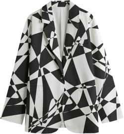 Black and White Jacket, Geometric Long Sleevs Blazer For Her, Black & White All-Over Print Women&#39;s Leisure Blazer, Women Girls Blazer
