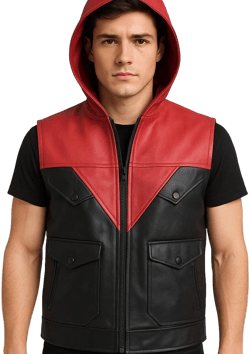 Handmade Men&#39;s Black Vest With Red Hood – Faux Leather Biker Vest – Black and Red Streetwear – Cosplay Red Hood Vest – Men&#39;s Sleeveless Vest