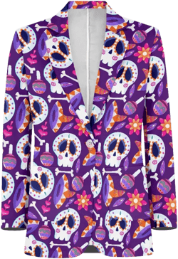 Purple Skull Blazer Dia de los Muertos Suit Jacket Halloween Pattern for Men or Women Day of the Dead Novelty Sport Coat Sombreros Maracas