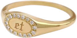14k Oval Diamond Pave Signet Ring, Dainty Pinky Ring in solid gold, Initial engraved Women Signet Ring, Pinky finger ring, Anniversary gift