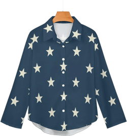Stars Button Down Blouse, 4th of July Patriotic Flag Style Blouse for Women, Women&#39;s Irregular Shirt B648 (All-Over Printing)
